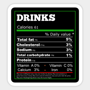 Funny Drinks Nutrition Facts Label Thanksgiving Dinner Sticker